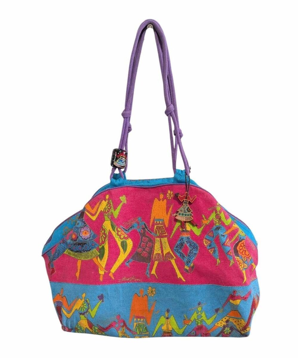 90s Laurel Burch multicolor dancing people large duffle overnight beach bag - Picture 2 of 10
